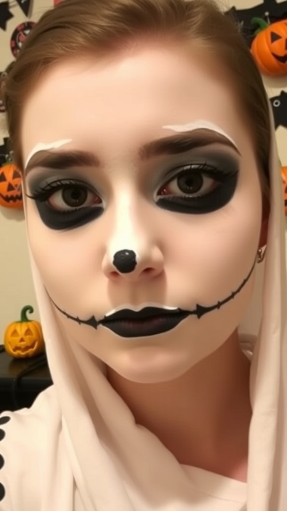 Close-up of a person with Zero makeup: white face paint, black eye accents, and nose, set against Halloween decorations.